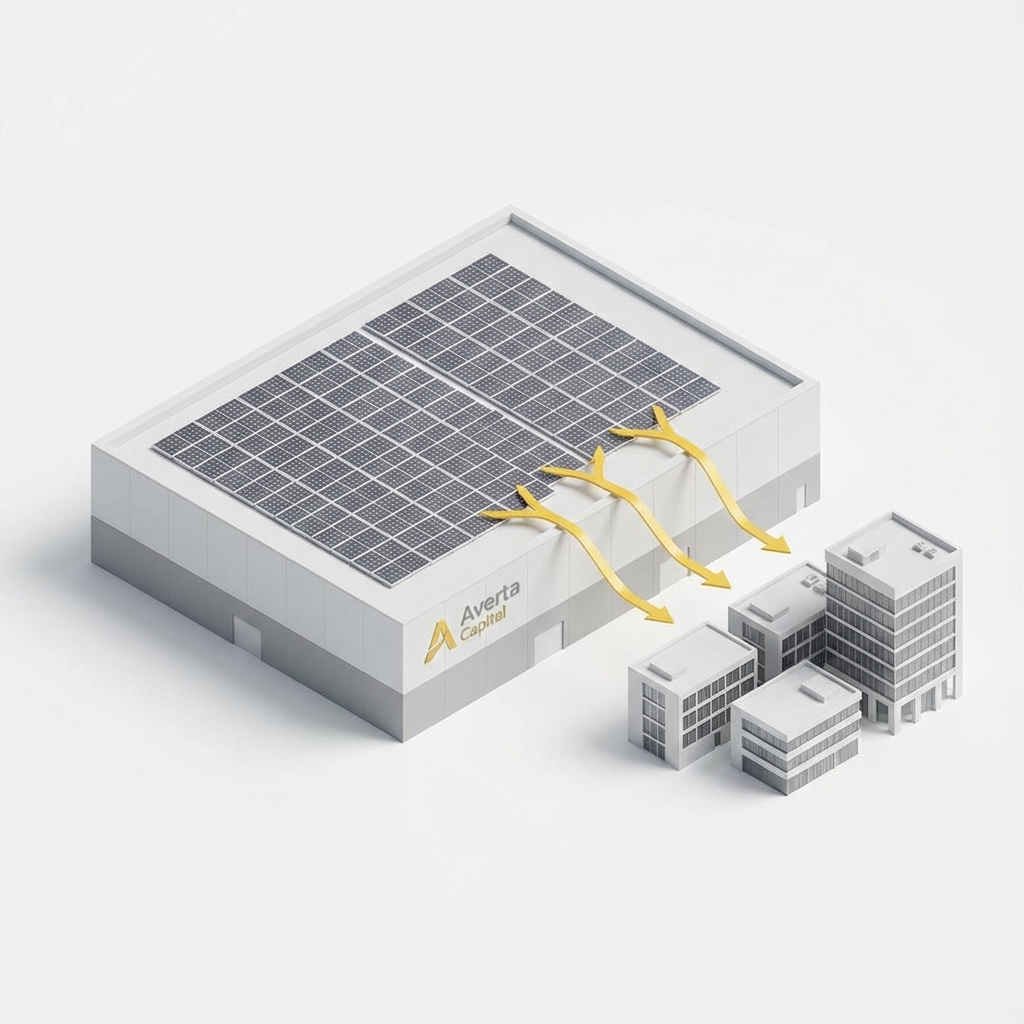 Ilustración 3D de edificio industrial con paneles solares y flujos de energía